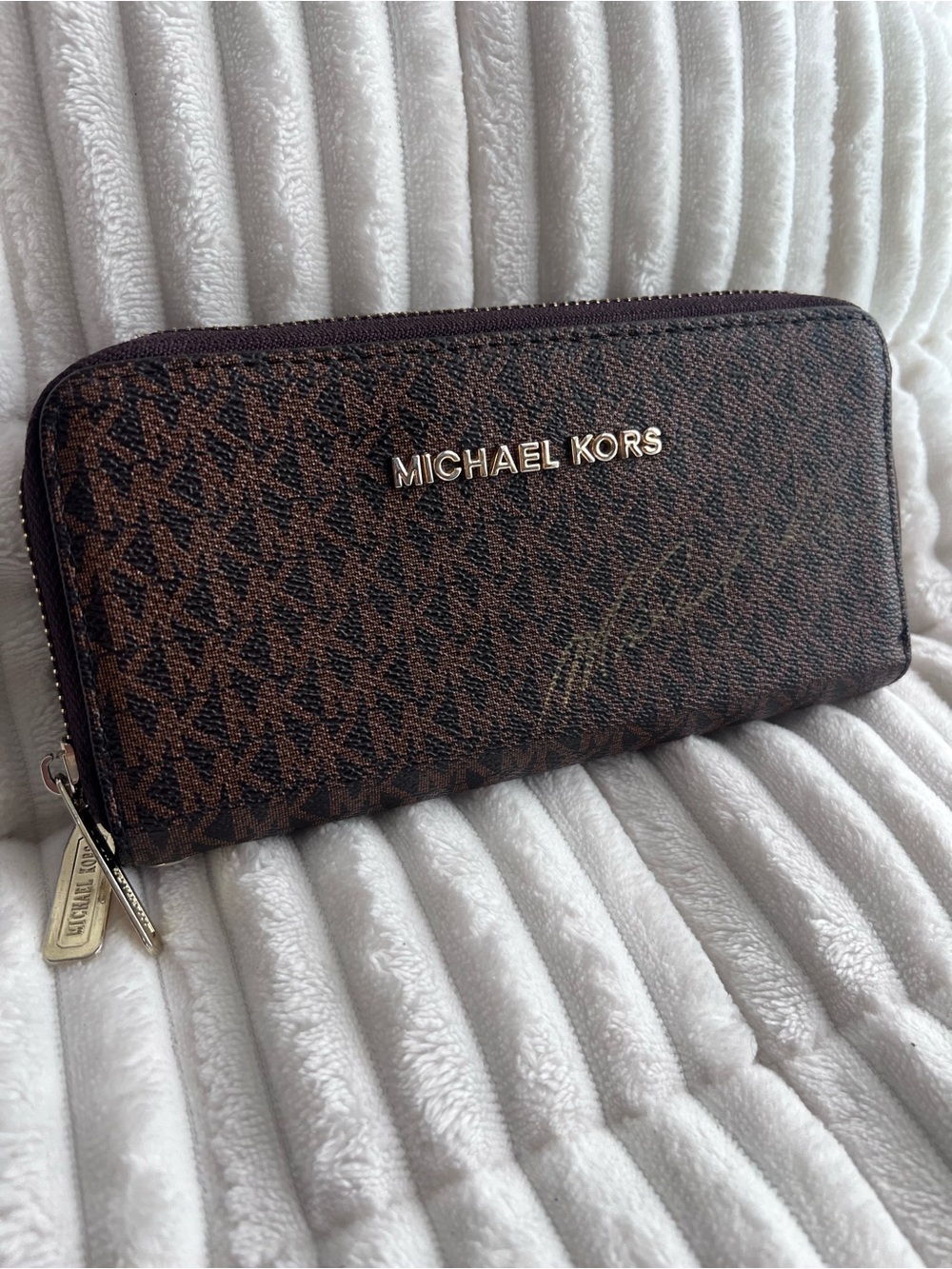 Michael Kors Brown Logo Zip-Around Wallet with Signature and Gold Accents